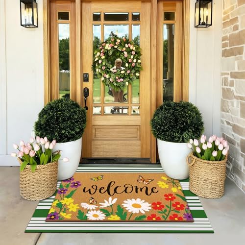 Tinideya 2 Pcs Spring Floral Layered Doormat Set for Seasonal Porch Decor