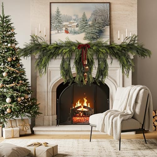 24PCS Christmas Norfolk Pine Stems Real Touch Branches Greenery Decorations