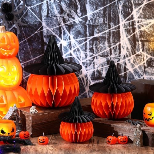 Cinnvoice 3 Pcs Halloween Fall Pumpkin Honeycomb Decor, Smaller, Wicth Hat
