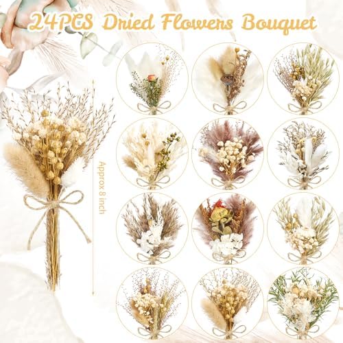 12/24PCS Handmade Dried Flower Bouquet with Stems Natural Dried Wildflowers 7.5 Inch Mini Dry Flowers for Vase Farmhouse Decor, Wedding Styling, Photography Props, Gift DIY(24pcs, Rustic)