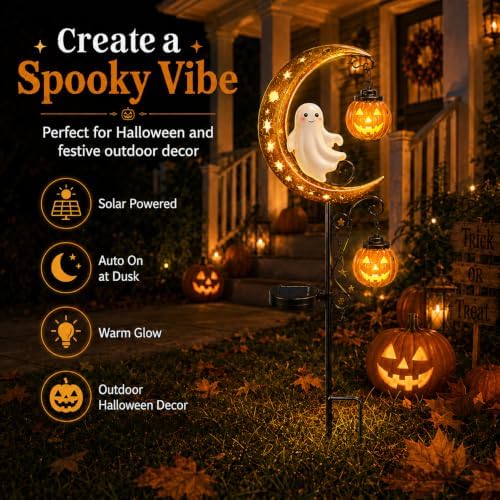 CRILEAL Solar Halloween Ghost & Pumpkin Moon Garden Stake Light