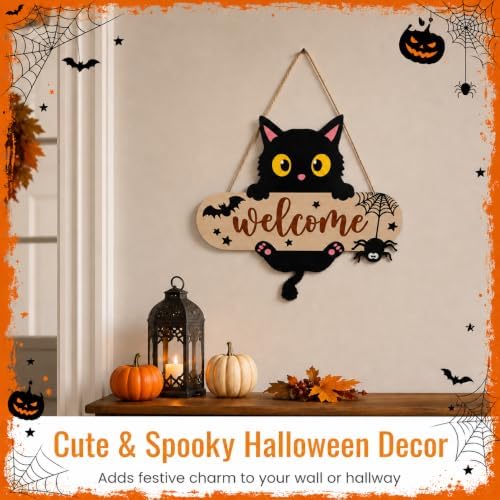Halloween Welcome Sign, Black Cat Hanging Door Decor for Porch Wall Yard