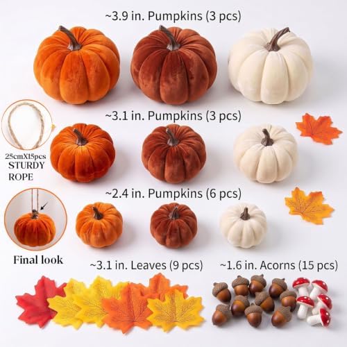 36Pcs Velvet Pumpkin Fall Decor Set Thanksgiving Decorations