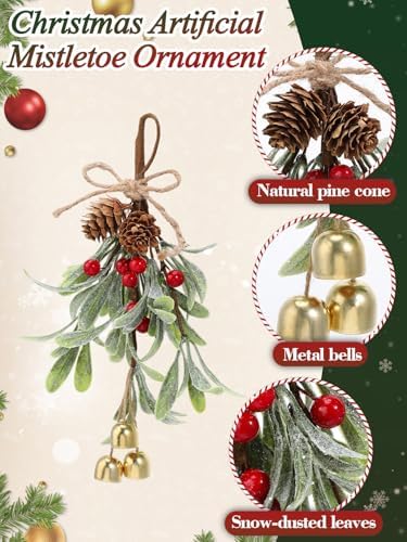 Artificial Mistletoe Christmas Decor - Christmas Ornaments with Bells Red Berries for Tree Porch Holiday Decorations