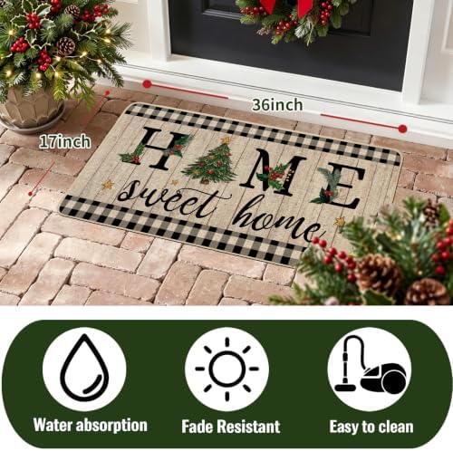 ORTIGIA Christmas Tree Doormat Home Sweet Home Indoor Outdoor Patio Winter Welcome Door Mats Large 17x36 INCH Non-Slip Durable Entrance Mat for Home Entrance Outside Entry Yard Floor Patio