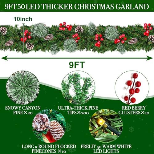 9 Foot by 10 Inch Christmas Garland - 50 LED Lights, Battery Operated Lighted Garland Wreath with Pine Cones Red Berries Lush Branches, Prelit Garland Xmas Decoration Indoor Outdoor Home Holiday
