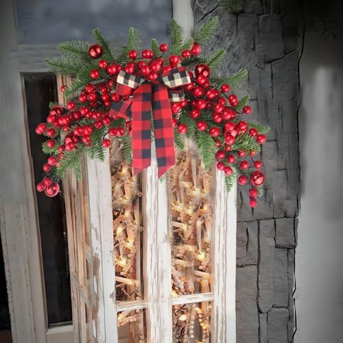 CITYES Christmas Swag Decoration Floral Swag with Berries and Ribbon Bows Christmas Balls 27.56 Inch Greenery Christmas Swag Xmas Door Swag for Front Door Festival Decor Wall Arch Window