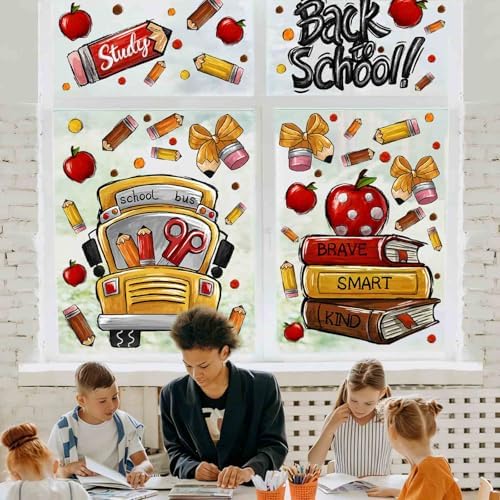 Back to School Window Cling Decor School Bus Pencils Apple Window Stickers