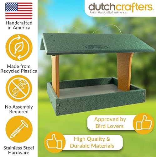 DutchCrafters Plastic Poly Covered Roof Hanging Fly Through Bird Feeder Open Side Platform Seed Tray for Outside Outdoor Garden - Amish American Made in USA (Turf Green & Cedar)