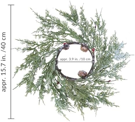 Winlyn 4 Pcs Artificial Snowy Cedar Pine Candle Rings Christmas Candle Holder Rings Wreaths with Pine Cones Red Pip Berries Mini Winter Wreaths 15.7" Wide for Farmhouse Christmas Winter Holiday Décor