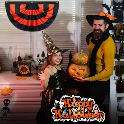 Newwiee 2 Pcs 4 x 2 ft ft Halloween Flag Bunting Half Fan Hanging Pleated Flag Banner with 3 Grommets for Halloween Indoor Outdoor House Party Holiday Yard Decorations Props, Black Orange