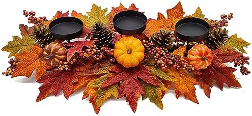 Thanksgiving Centerpiece Fall Table Decorations, Artificial Pumpkins, Pine Cones, Maple Leaves and Berries, Harvest Table Candle Holder for Dinning Table, Fireplace Mantel (Candle Not Included)