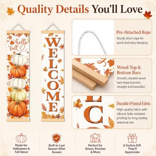 Hello Fall Pumpkin Door Banner Set of 2, Welcome Porch Decor for Home
