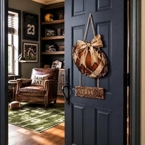 Fall Football Wreath for Front Door, Wooden Welcome Door Sign with Bow