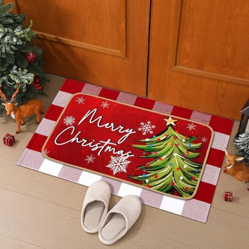 Tinideya 2 Pcs Christmas Door Mat Outdoor Whimsical Xmas Tree Front Doormat Nonslip Red and White Buffalo Plaid Layered Linen Rubber Xmas Rugs Merry Christmas Decor for Front Porch Entryway Outside