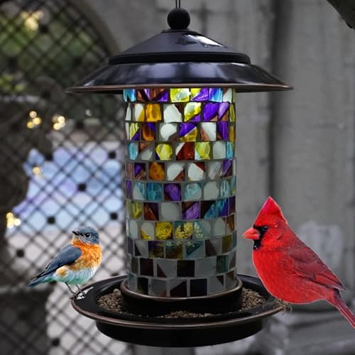 Solar Bird Feeder for Outdoor Hanging Mosaic Stained Glass, Sunset