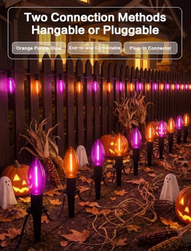SUNSGNE Halloween Pathway Lights, 19.5Ft Halloween Stake Lights with 10 Count C9 LED Orange and Purple Bulbs for Lawn Yard Sidewalk Garden Decoration