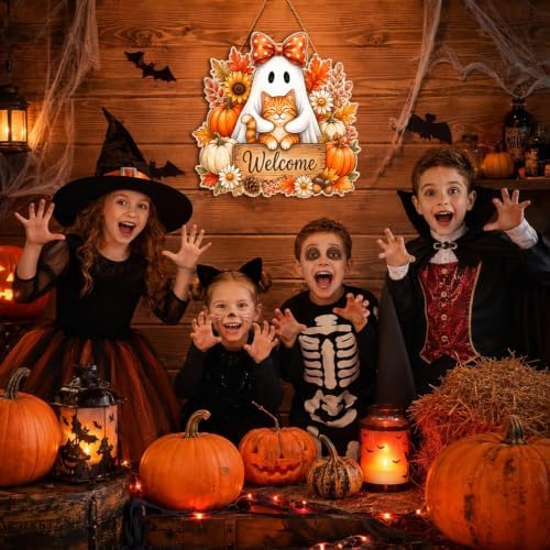 Halloween Door Wreath, Wooden Ghost Cat Welcome Door Wall Sign