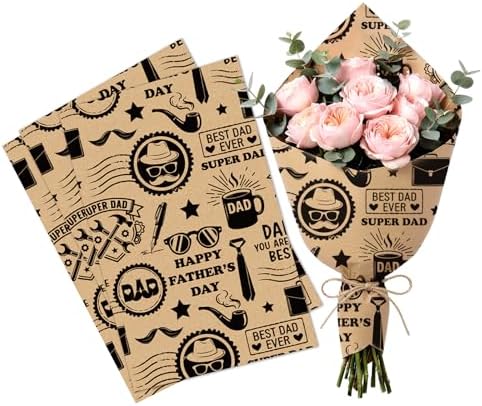 LeZakaa 10 Sheets Fathers Day Flower Wrapping Paper, Happy Father's Day Dad Theme Gift Wrap, Brown Kraft Floral Bouquet Paper for Men Husband Grandpa DIY Gift Packaging, 19.7 x 27.6In Each