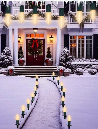 GOOTHY C9 Christmas Pathway Lights Outdoor 38Ft Connectable C9 LED Christmas String Lights with 25 LED Warm White Stakes Lights for Walkway Outdoor Yard Driveway Lawn Decorations