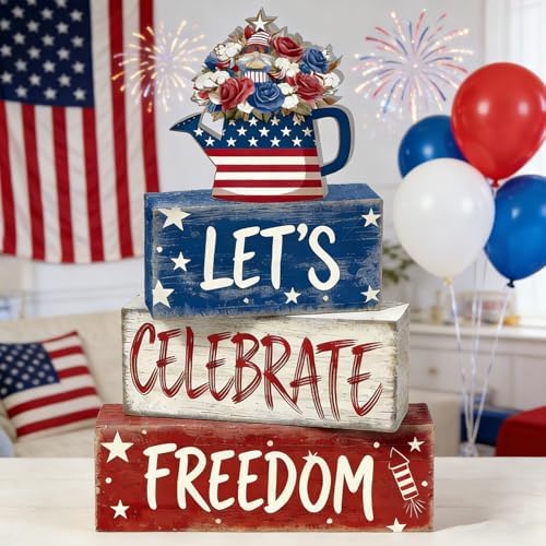4th of July Table Decorations Patriotic Memorial Day Tiered Tray Decor Wooden Freedom Block Signs Independence Farmhouse 250th July Fouth Centerpiece for Tables Wooden Sign for Home Decor