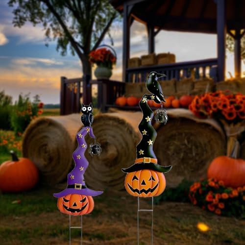2 Pack Halloween/Thanksgiving Garden Decorations, Metal Jack-O-Lantern Stakes with Witch Hats, Scary Yard Sign Outdoor Lawn Decor, Metal Pumpkin Outdoor Halloween Yard Signs