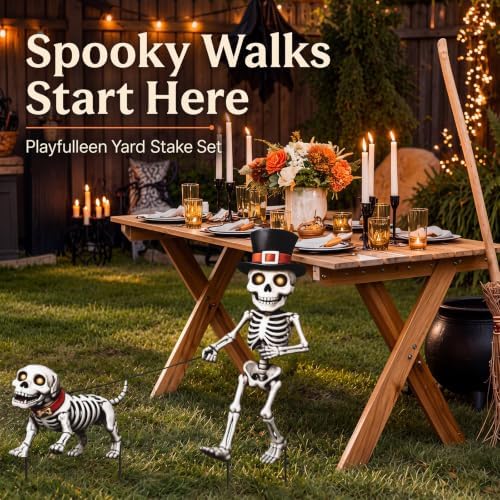 Geelin 2 Pack Halloween Metal Garden Stakes, Skull Walking Dog