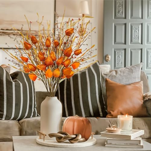 6Pcs Artificial Berry Stems 28" with Fall Flowers,Home Decor Orange