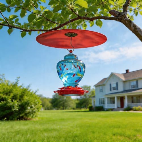 13" Large Glass Rain Cover for Bird Feeder, Red Weather Guard Dome Shield