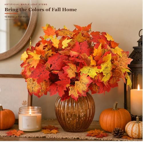 24Pcs Fall Leaves Stems, 14.9'' Artificial Maple Leaves Branches