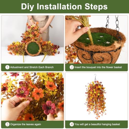 Fake Mums Fall Artificial Flowers Hanging Basket for Outdoor Decoration