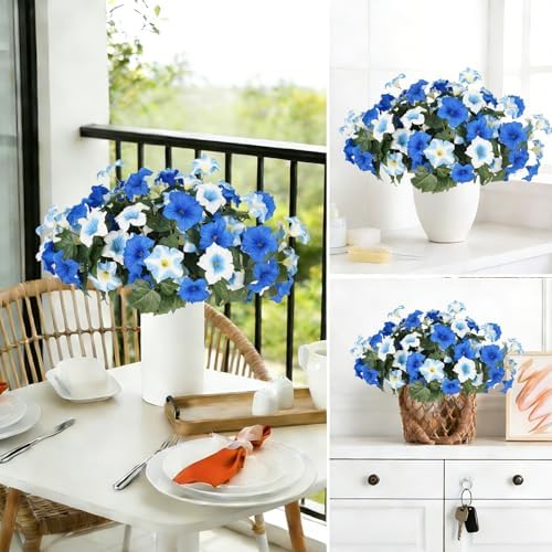 Artificial Flowers for Outdoors, Faux Petunias Spring Summer Decoration, Fake Flowers Plants UV Resistant Look Real Silk Flowers for Outside Planter Front Door Porch Patio Yard (6, Blue-White)