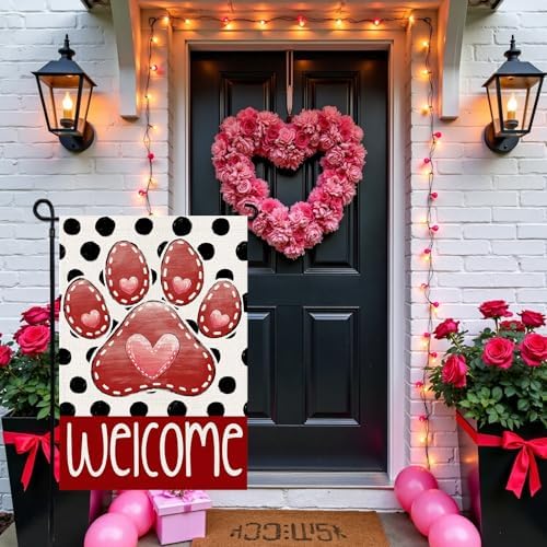 Valentines Garden Flag 12x18 In, Paw Print Heart Double Sided Flag