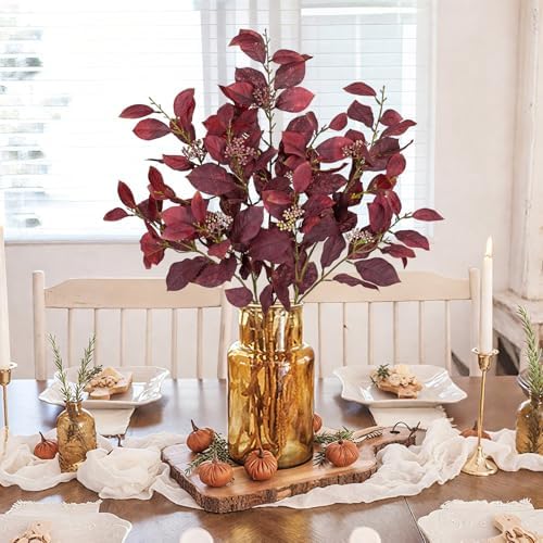 32" Artificial Burgundy Fall Euonymus Leaves Stems with Flower Seeds, 3 Pcs