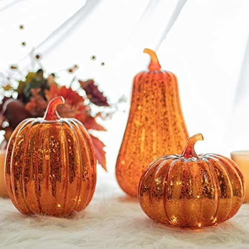 KI Store Glass Pumpkin with Lights and Timer Set of 3 10.8-Inch 8.5-Inch 6.5-Inch Lighted Mercury Glass Pumpkins for Fall Halloween Thanksgiving Decorations Battery Operated