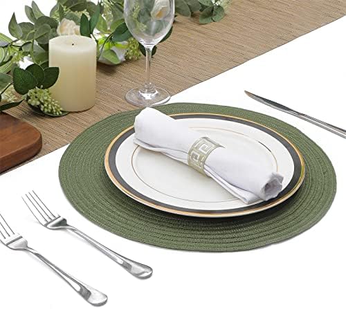 SHACOS Round Placemats Set of 12 Washable 15 inch Round Table Mats Cotton Polyester Woven Braided Place Mats for Dining Table Wedding Party Decor (Olive Green, 12)