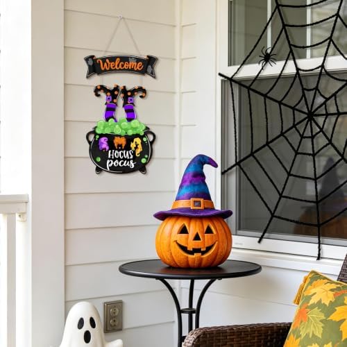 Halloween Witches Door Sign, Hocus Pocus Wreath Wooden Hanging Decor, Witch Legs Cauldron Front Door Hanger, Happy Halloween Welcome Plaque for Porch Home Farmhouse Wall Decor Holiday Party Supplies
