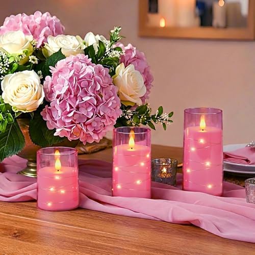 Homemory Flickering Flameless Candles, Pink LED Pillar Candles with Remote