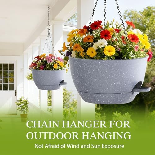 12 Inch Hanging Baskets 2 PC with Chains, Self-Watering Hanging Planters for Indoor Outdoor Plants, Plastic Hanging Flower Pots,Speckled Grey