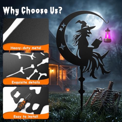 KODIBO Halloween Decor 3-Pack Metal Witch Yard Stakes with Solar Lanterns