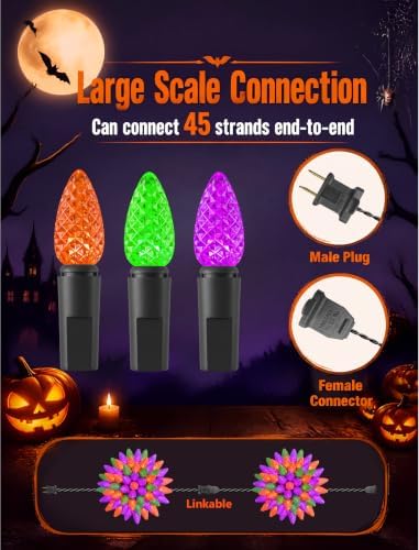 23FT Halloween C3 LED String Lights, 50 Orange Green Purple Mini Lights