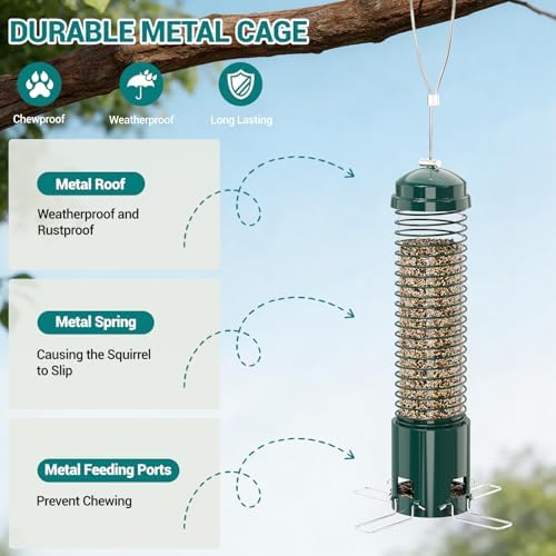 Squirrel Proof Bird Feeder, Metal Bird Feeders for Outdoors Hanging, 3.6LB Large Seeds Capacity for Wild Birds, Finch, Cardinal, Blue Jay, Chickadee, Green