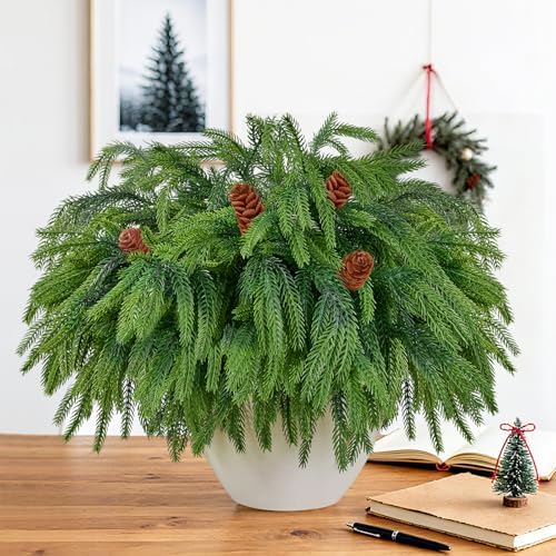 8PCS Christmas Norfolk Pine Branches with 4 Pine Cone Stems