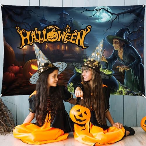 Happy Halloween Banner, Large Fabric Scary Moon Night Witch Pumpkin Castle Halloween Backdrop Banner Party Decorations for Horrible Halloween Photo Background Outdoor Indoor Wall Yard Party Decor