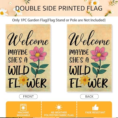Welcome Maybe She's A Wild Flower Garden Flags for Outside, Boho Floral Welcome Garden Flag for Botanical Lover, Wildflower Yard Flag for Nature Lover, Inspirational Quote Lawn Porch Décor