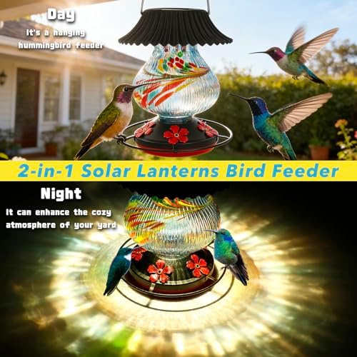 Solar Hummingbird Feeder, Hand Blown Glass Multicolor Night Lights