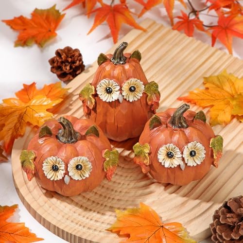 Fall Pumpkin Decor Small Fake Pumpkins Orange Resin Carved Pumpkin Owl Decorative Faux Pumpkin 3Pcs Artificial Pumpkins for Decorating Home Table Farmhouse Mantel Halloween Thanksgiving Centerpieces