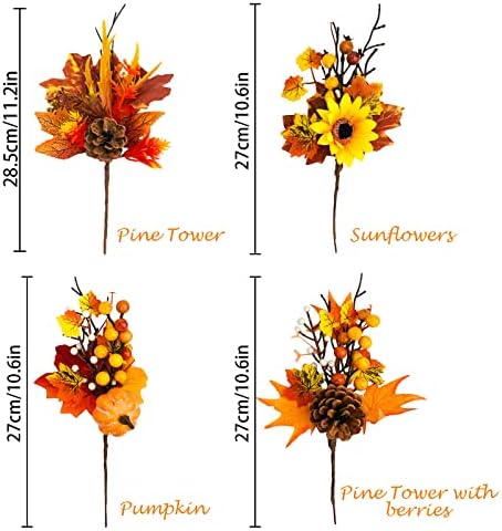 12 Pcs Fall Floral Picks, 12” Autumn Pumpkin Berry Picks Maple Leaves Stems Artificial Fall Flower for Harvest Halloween Thanksgiving Christmas DIY Home Table Decor