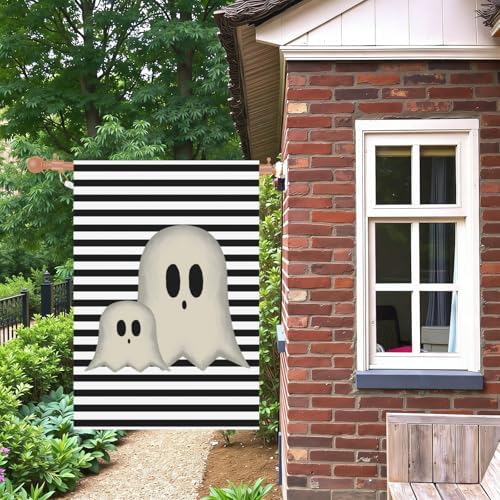 Halloween Garden Flags 28x40 Inch Ghost Black and White Stripes Large Flags for Outside Holiday Scary House Yard Flag for Lawn Outdoor Decorations Sign