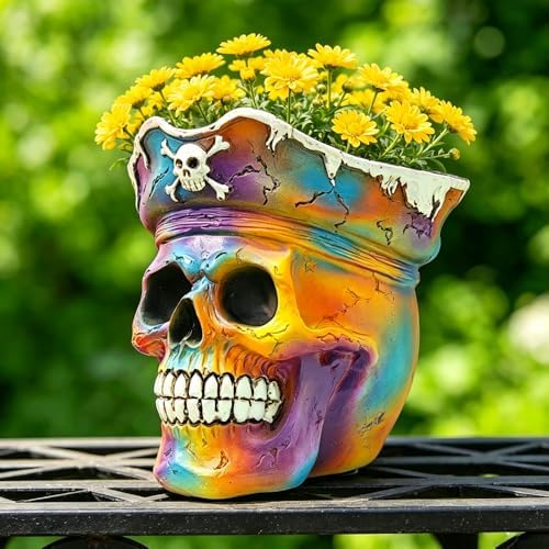 Funky Iridescent Skull Planter, Rainbow Pirate Skeleton Flower Pot for Plant Lover Gift, Small Decorative Psychedelic Figurine for Trippy Room Shelf Desk Boho/ Pop Art/ Streetwear/ Dark Academia Decor
